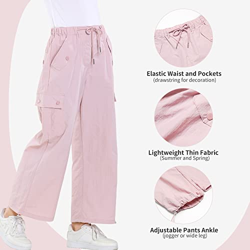 Rolanko Girls Parachute Pants, Cargo Pants for Girls Baggy Y2K Loose Jogger Trousers with Pockets (Pink, 12-14)