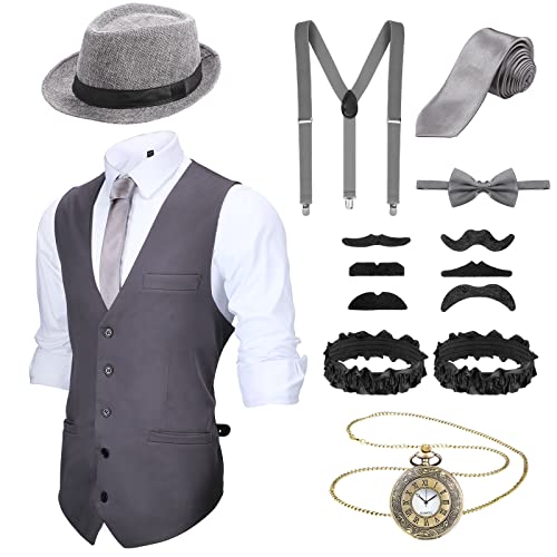 SATINIOR Blulu 1920s Mens Costume 20s Halloween Cosplay Accessories Outfit with Gangster Vest Fedora Hat Pocket Watch Suspenders (Gray,Medium)
