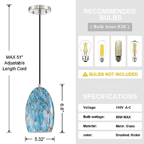 1 Light Hanging Indoor Kitchen Island Pendant Lights 5.3" Handmade Blue Speckled Glass Pendant Ceiling Light Fixtures Brushed Nickel Finish Modern Farmhouse Dinning Over Sink