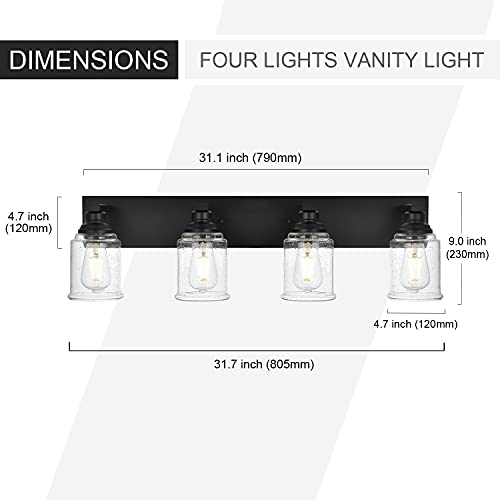 OULOK Black Vanity Lights 4-Light Modern Farmhouse Wall Lighting Fixtures with Seeded Glass Shades Industrial Bathroom Wall Sconces