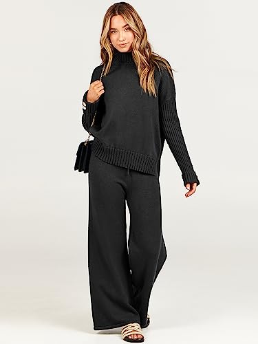 ANRABESS Women's Two Piece Outfits Sweater Sets Long Sleeve Knit Pullover and Wide Leg Pants Lounge Sets 2023 Fall Fashion Clothes Tracksuit Sweatsuit Set Black B1022heise-S