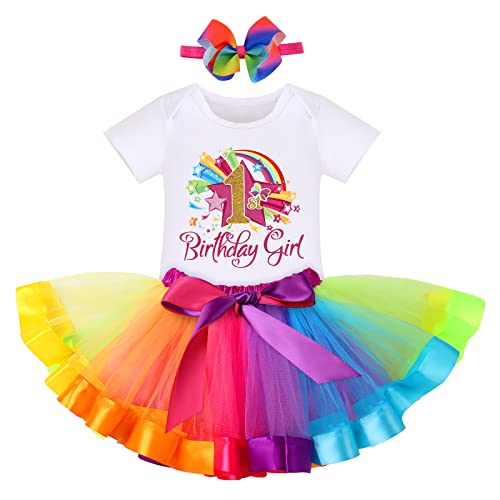 Watermelon 1st Birthday Outfit for Baby Girls Romper Rainbow Tutu Skirt Headband Socks Summer Clothes Set for 1 Year Old Princess Cake Smash Photo Prop Dress Rainbow 1st Birthday Girl 4PCS 1 Year