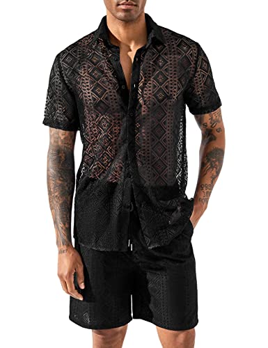 LecGee Mens Beach Sets Lace Short Sleeve Tracksuit Casual Shirt Shorts Fashion Summer Two Piece Outfits(Black,Medium)