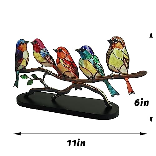 Ysnhsye Conille Stained Birds on Branch Desktop Ornaments for Bird Lover,Made of Thin Metal Glass Effect Home Decor Desk Decor for Bedroom Living Room and Office (5birds)