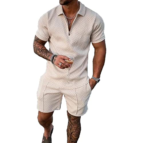 Size M Beige Mens Short Sets 2 Piece Outfits Polo Shirt Fashion Summer Tracksuits Casual Short Sleeve and Shorts Set