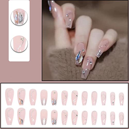 Hkanlre Gradient Press on Nails Tips Pink Coffin Long Fake Nails Crystal Full Cover False Nails Ballerina for Women and Girls 24PCS