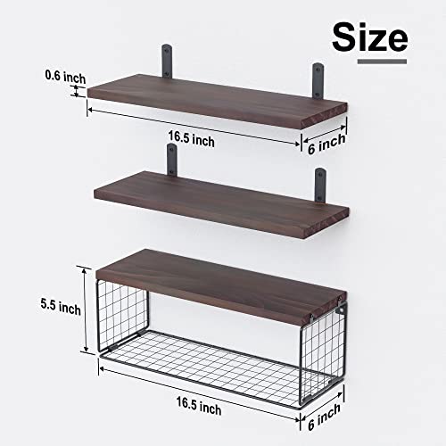 WOPITUES Bathroom Shelves Over Toilet, Floating Bathroom Shelves Wall Mounted with Wire Basket, Wood Floating Shelf for Wall Décor, Bathroom Wall Décor Shelves, Wall Shelves for Bathroom–Rustic Brown