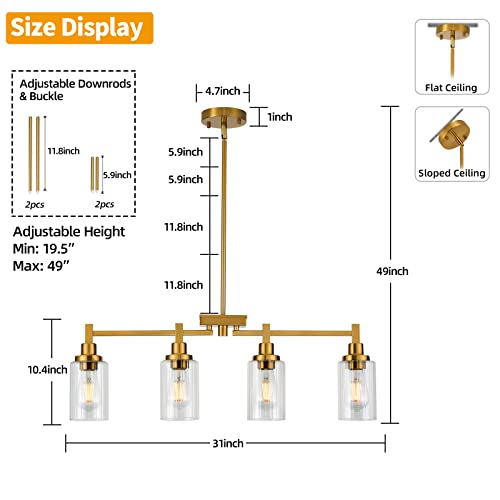 4-Lights Kitchen Island Lighting, Dining Room Chandelier Light Fixtures Over Table, Modern Linear Chandeliers with Fluted Clear Glass Shade Brushed Brass Ceiling Hanging for Living Room Bar Restaurant