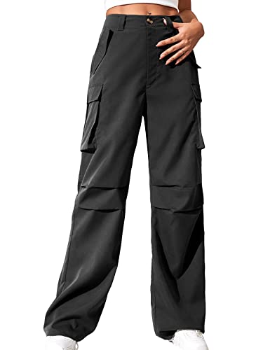 WDIRARA Women's High Waist Button Loose Fit Streetwear Cargo Pants with Pockets Black Solid S