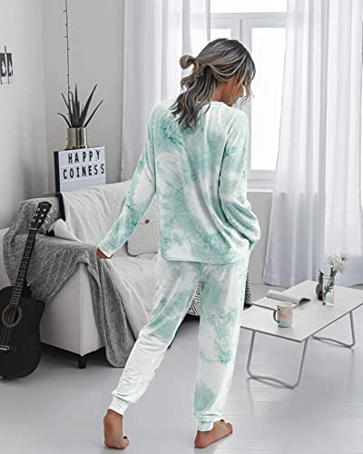 PRETTYGARDEN Women's Tie Dye Two Piece Tracksuit Set Long Sleeve Sweatshirt with Long Pants (Green,Large)