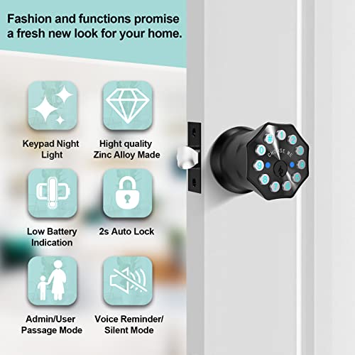 Door Knob with Keypad and Key, Keyless Entry Door Lock,Smart Digital Knob Unlock by Passcode/Keys/USB backuplock,Electronic Door Knob for Home Bedroom Apartment Garage Office Security,Black