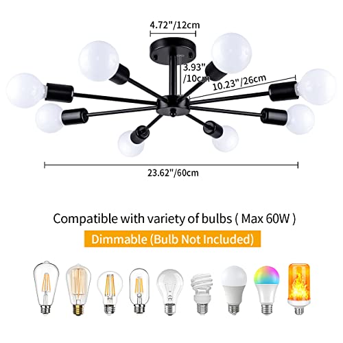 ZSMIHDOH Semi Flush Mount Ceiling Light, 8-Lights Modern Chandelier Living Room Light, Black Sputnik Light Chandelier for Bedroom Kitchen Study Office, E26 Base