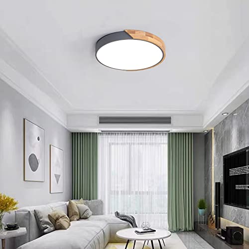 Vikaey Modern LED Ceiling Light, Minimalist Wood Style Flush Mount Ceiling Light Fixture, Circle Lighting Lamp with Acrylic Lampshade for Bedroom Living Room Dining Room Laundry (Grey, 15.8'')