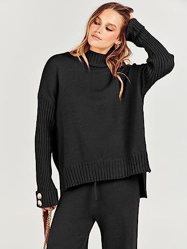 ANRABESS Women's Two Piece Outfits Sweater Sets Long Sleeve Knit Pullover and Wide Leg Pants Lounge Sets 2023 Fall Fashion Clothes Tracksuit Sweatsuit Set Black B1022heise-S