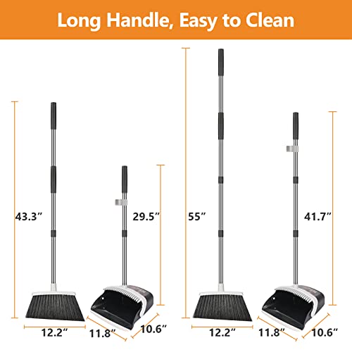 Dust Pan and Broom with Long Handle, Heavy Duty for Home Kitchen Office Indoor Outdoor Sweeping 55 Inch Broom for Floor Cleaning Standing Dustpan with Teeth