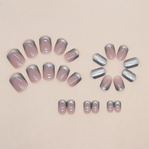 French Tip Press on Nails Short Square Fake Nails Glossy Metallic Silver Nail Tips False Nails with Sliver Glitters Designs Full Cover Nude Acrylic Nails Short Glue on Nails for Women Girls Manicure