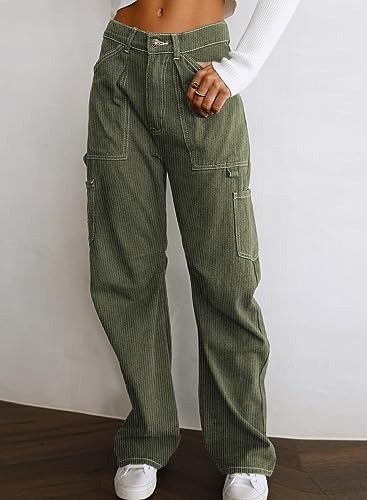 Dokotoo Corduroy Cargo Pants Women Wide Leg Baggy High Waisted with 6 Pockets Casual Pants Basic Womens Clothing,Green 6