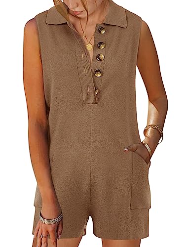 Tymidy Womens Knit Rompers Sexy V Neck Button Down sweater romper Sleeveless Shorts Jumpsuits Maternity Outfits with Pockets