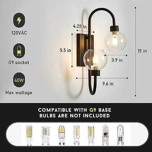 Bathroom Light Fixtures, Wall Sconces Lighting 2 Light Matte Black Finish Vanity Light Modern Wall Lighting Fixture with Clear Glass Shades Bath Wall Lamps for Mirror Bedroom Hallway Living Room