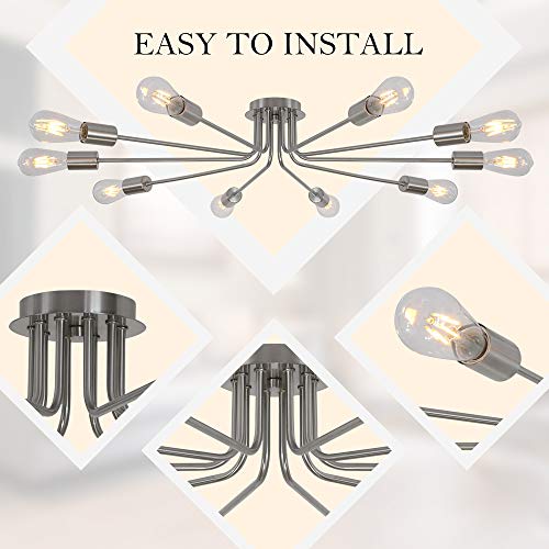 TULUCE 10 Light Sputnik Chandelier Brushed Nickel Ceiling Light Semi Flush Mount Light Ceiling Lamp for Kitchen Dining Room Living Room Foyer