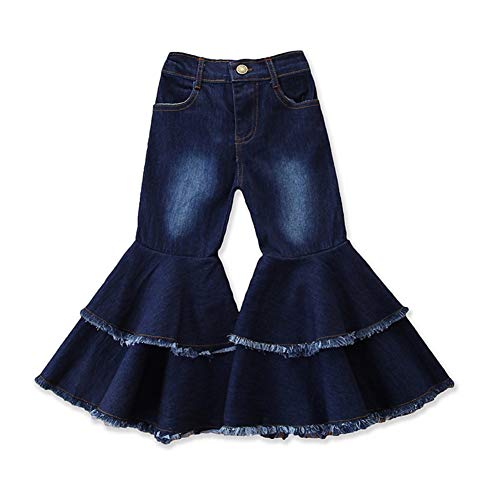 Sitmptol Fashion Baby Kid Girls Women Ruffled Wide Leg Denim Flared Pants Ripped Jeans High Waist Bell Bottoms Outfits 1-2T Dark Blue