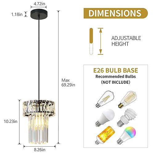 BBLLWJ Modern Pendant Light Black Pendant Lights Crystal Chandeliers Adjustable Pendant Lighting Fixture for Kitchen Island Living Room Corridor Bedroom (Black 1-Light)