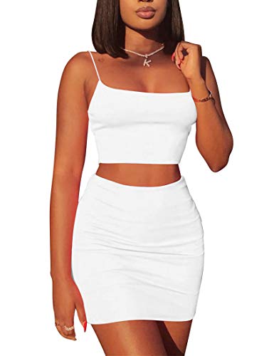 Kaximil Women's Summer 2 Piece Outfits Cami Crop Top Bodycon Skirt Mini Club Dress, Large, White