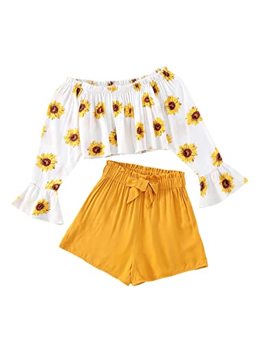 SOLY HUX Girl's 2 Piece Outfit Summer Boho Floral Print Long Sleeve Top and Shorts Set Cute Clothes for Girls Multicoloured 150