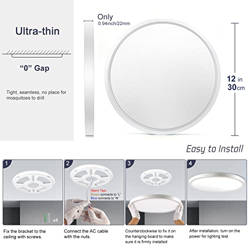 12 Inch LED Flush Mount Ceiling Light Fixture, 5000K Daylight White, 3200LM, 24W, Flat Modern Round Lighting Fixture, 240W Equivalent White Ceiling Lamp for Kitchens, Stairwells, Bedrooms.etc.