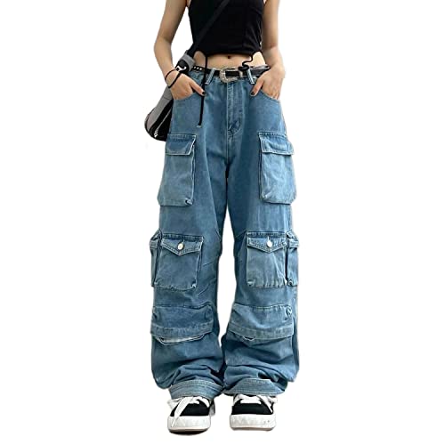 Women's Baggy Cargo Pants Y2K Clothing Multi-Pocket Relaxed Fit Jeans Fairy Grunge Clothes Alt Emo Streetwear (Blue Jeans,2XL)