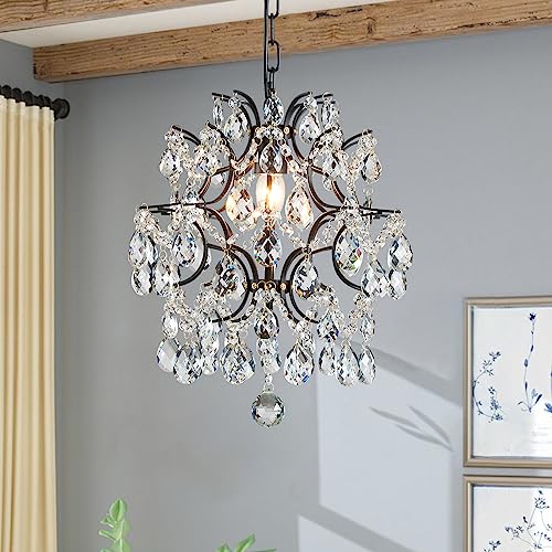 Bestier Black Modern Pendant Chandelier Crystal Raindrop Lighting Ceiling Light Fixture Lamp for Dining Room Bathroom Bedroom Livingroom entryway 1 E26 Bulbs Required D13 in x H16 in