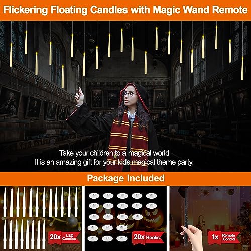 20Pack Halloween Decorations -Flameless Taper Floating Candles with Magic Wand Remote Flickering Warm Light LED Candles Hanging For Harry Potter Witch Wizard Christmas Room Birthday Party Home Décor