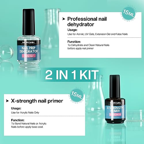 Morovan Nail Prep Dehydrator and Nail Primer X-strength, No Burn Non Acid Nail Primer and Dehydrator for Acrylic Powder Fast Dry 0.5oz Nail Primer Set