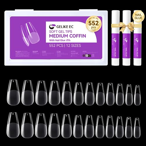 552Pcs Medium Coffin Nail Tips With 3Pcs Nail Glue - Gelike EC Soft Gel X Nail Tip Full Cover Half Matte For Nail Starter Nail Kit With Stronger Nail Glue, Nails Extension Nail Art DIY Gift 12 Sizes