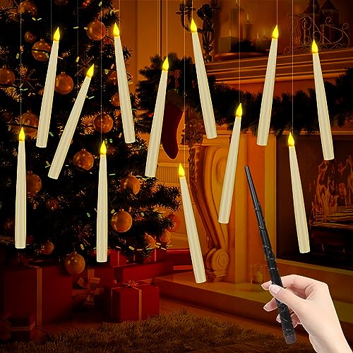 Halloween Decorations,12Pack Floating Candles with Magic Wand Remote,Flameless Taper Candles Flickering Warm Light LED Floating Candles Hanging For Harry Potter Christmas Birthday Party Home Decor