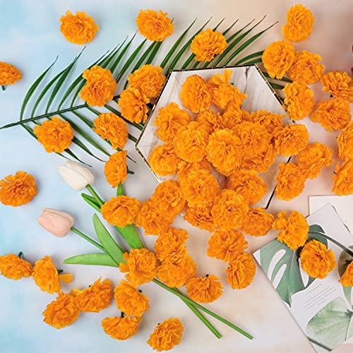 80 pcs Artificial Marigold Flowers,Silk Marigold Flower Heads,Orange Flowers Artificial for Decoration,Marigold Heads for Parties, Indian Weddings, Indian Theme,Diwali Home Decor DIY Wreath Garland