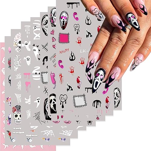 YOSOMK Halloween Nail Art Stickers Decals Pink Ghost Skull Spider Pumpkin Nail Decals 3D Self-Adhesive Nail Art Supplies Accessories for Halloween Party Nail Manicure Design Decoration(8 Sheets)