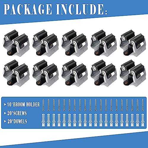 3-H Mop and Broom Holder Wall Mount, Broom Holder Wall Mount 10 Pack, Broom Holder for Garage Garden Shed Storage System Laundry Room Home Kitchen Organization up to 1.45 Inch(black)