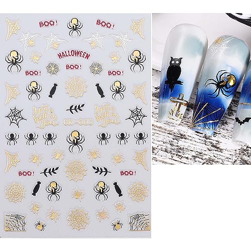 ANDGING Halloween Nail Stickers for Nail Art with 3D Gold Ghost Spider Web Bat Skull Pumpkin Design 7 Sheets Halloween Nail Decals Black Horror Self Adhesive Nail Sticker for Nail Art Decoration