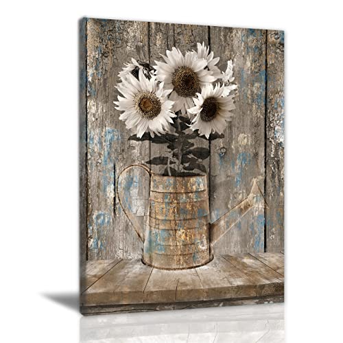 Rustic Farmhouse Sunflowers Wall Art Flowers Painting Country White Canvas Wall Art Prints Wood Board Artwork Picture Canvas Painting Home Decor For Bedroom Living Room 16X24 inch Frameless