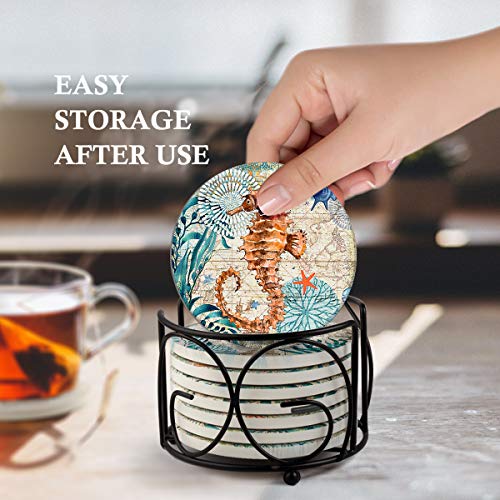 Teivio Absorbing Stone Sea Ocean Life Coasters for Drinks, Cork Base with Holder,Coastal Decor Beach Theme Tropical,for Housewarming Apartment Kitchen Bar Decor, For Wooden Table Coffee table,Set of 8
