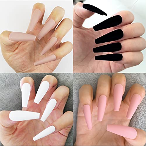 AddFavor 400pc Long Press on Nails Matte Coffin Ballerina Full Cover Fake Nail Tips DIY Acrylic False Nails for Women Girls Nail Art Decoration (Black White Pink Nude)