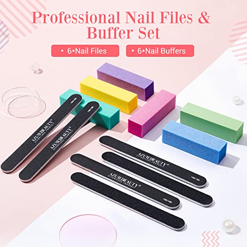 Nail Files and Buffers, AZUREBEAUTY 12Pcs Professional Manicure Tools Kit, 6 Pcs Double Sided 100/180 Grit Nail Files & 6Pcs Rectangular Nail Buffer Block