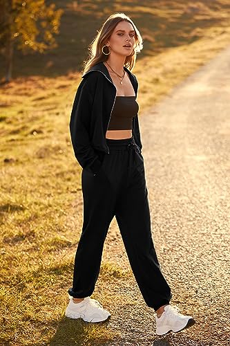 PRETTYGARDEN Women's 2 Piece Tracksuit Outfits Long Sleeve Zip Up Sweatshirt Drawstring Sweatpants Lounge Set (Black,Medium)