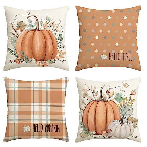 AVOIN colorlife Hello Fall Hello Pumpkin Throw Pillow Covers, 18 x 18 Inch Autumn Thanksgiving Harvest Orange Eucalyptus Decorations for Sofa Couch Set of 4