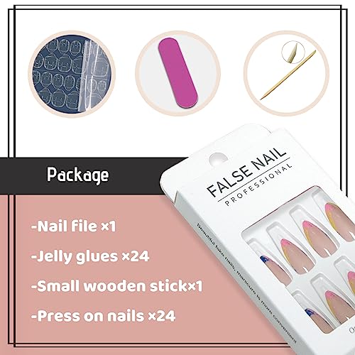 YOSOMK French Tip Medium Press on Nails Almond Fake Nails with Glitter Sequins Designs Luxury Glossy Glue on Acrylic Nails Bling Colorful False Nails for Women