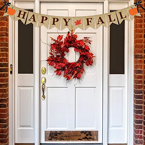 ERKOON Happy Fall Burlap Banner Happy Fall Sign Pumpkin Flag Rustic Natural Fall Harvest Banner for Autumn Home Party School Party Decoration