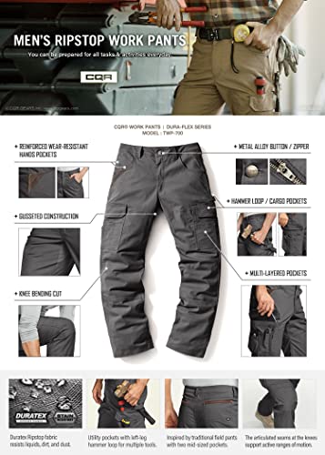 CQR Men's Flex Ripstop Work Pants, Water Resistant Tactical Pants, Outdoor Utility Operator EDC Cargo Pants, Dura Flex Charcoal, 38W x 34L