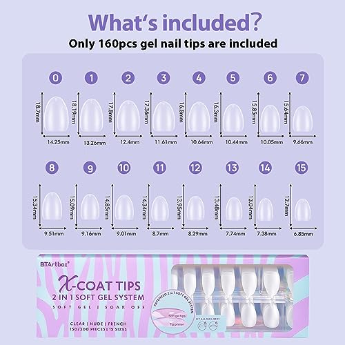 Extra Short Almond Nail Tips - BTArtbox Gel Nail Tips 320PCS 2 in 1 X-COAT Tips with Tip Primer Cover,Pre-shaped Full Matte Oval Gel Press On Nails Clear Fake Nails for Acrylic Nail Extension 16 Sizes