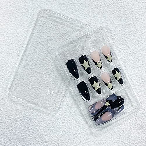 Medium Length Press on Nails Almond French Fake Nails Glossy Full Cover Glue on Nails Acrylic Star Design False Nails for Women＆Girl 24Pcs